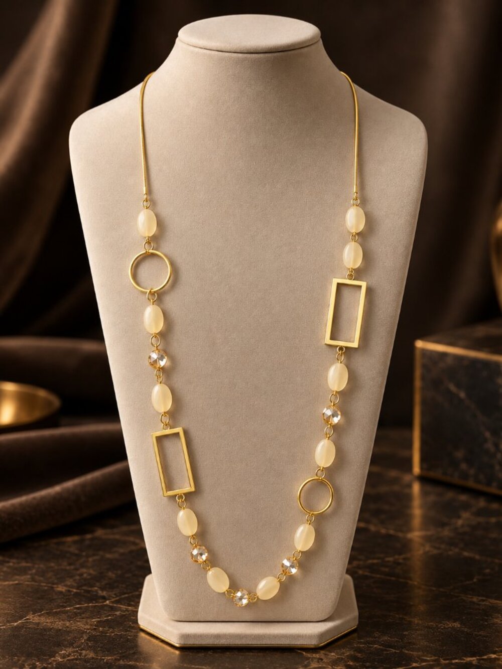 Gold Long Beaded Station Necklace | 30" Geometric Necklace | 4001